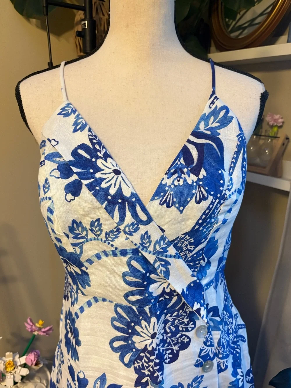 FARM Rio Blue and White Floral European Flax Linen Dress - Picture 4 of 10